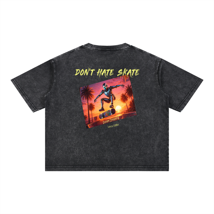“Don’t Hate Skate” Sunset Dreaming Tee — Mineral Wash Black.