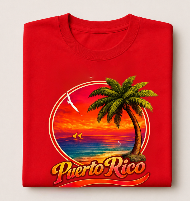 Puerto Rico Sunset Palm T-Shirt — Tropical Beach Vacation Tee
