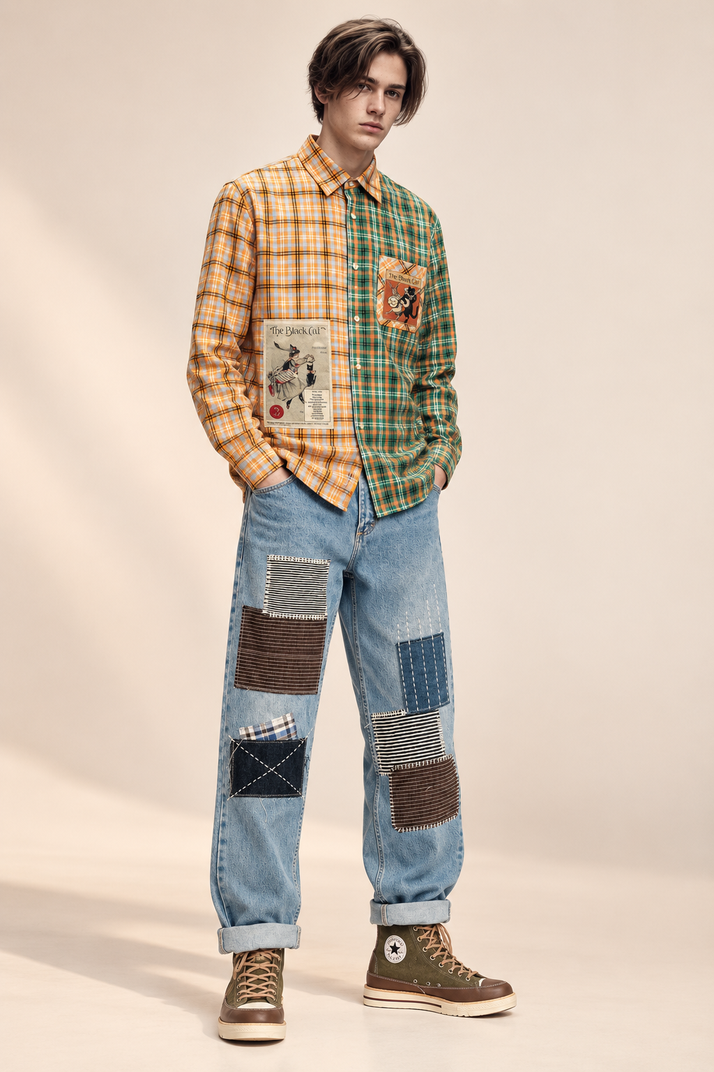 "The Black Cat" Plaid Color Block Shirt