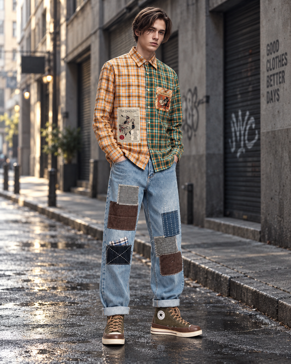"The Black Cat" Plaid Color Block Shirt