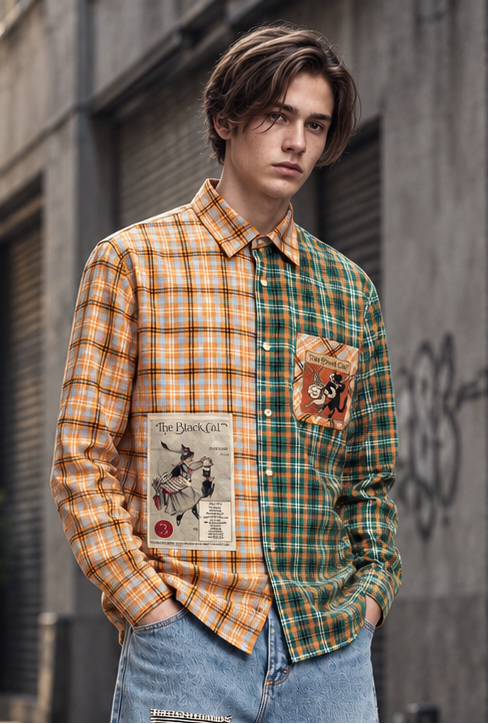 "The Black Cat" Plaid Color Block Shirt