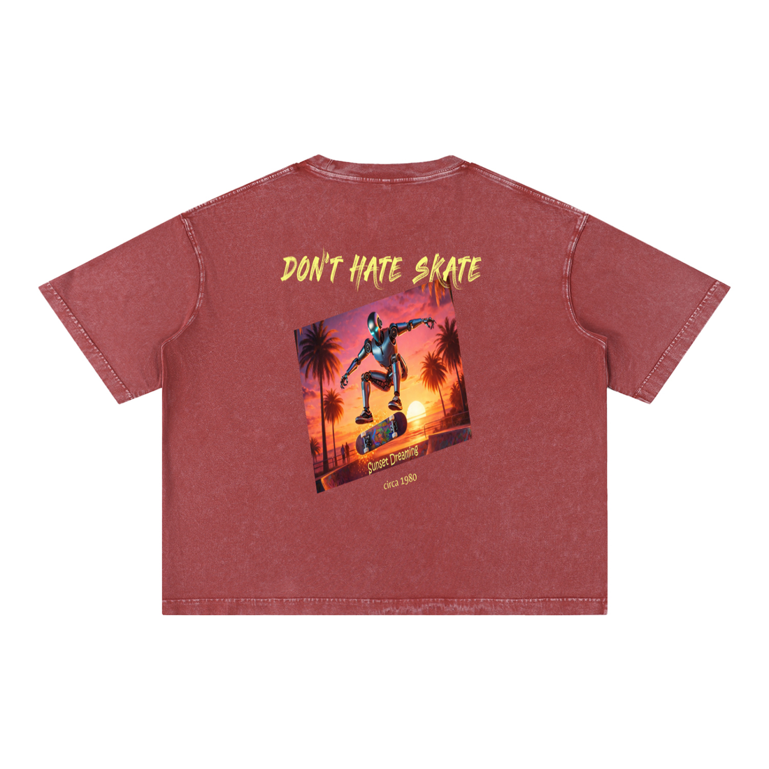 “Don’t Hate Skate” Sunset Dreaming Tee — Mineral Wash Red.