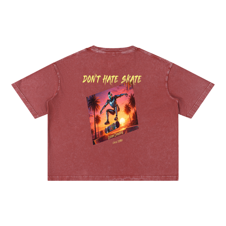 “Don’t Hate Skate” Sunset Dreaming Tee — Mineral Wash Red.
